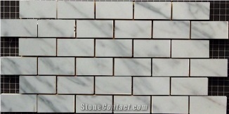 Carara White Polished Running Brick 23x48mm,Calacatta Gold Mosaic, Bianco Carrara Mosaic,White Marble,Subway Wall Marble Tile,Beveled Pillowed Mesh-Mosaic Marble Tile
