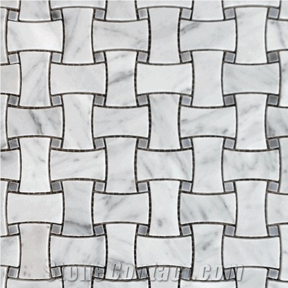 Carrara Bianco 1x2" Dogbone Basketweave Bardiglio Gray Dot,Bianco Carrara Mosaic, Italian White Marble Mosaic, Italian White, Carrara White
