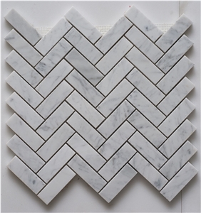Carrara (Carrera) Bianco Polished 1x3 Herringbone Marble Mosaic Tile,Bianco Carrara Mosaic, Italian White Marble Mosaic, Italian White, Carrara White,