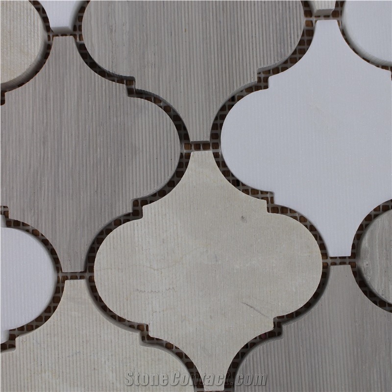 Crema Marfil+ White Oak+Carrara White Arabesque Baroque Marble Mosaic Tile,Lantern Shape Marble Mosaic Tile Mix Color, New Design Mosaic Tile, Athens Grey Marble , Wood Vein Grey, White Oak
