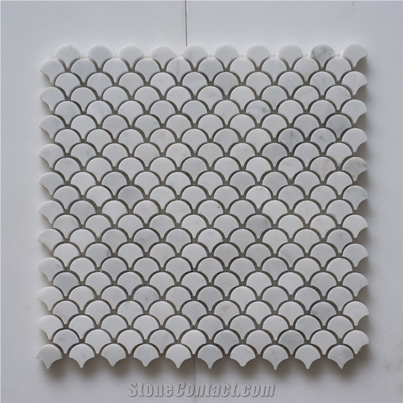 Italian White Carrara Fan-Shaped Mosaic , Carrara White Mosaic Pattern ,Marble Mosaic Pattern