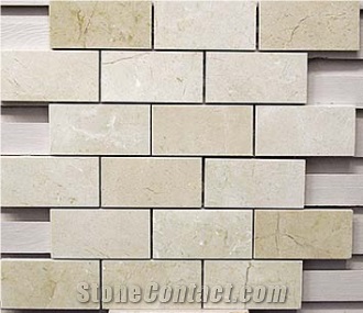 Spanish Crema Marfil Brick Mosaic Tile, Cream Marble Mosaic, Beige Marble Mosaic, Marble Subway Wall Mosaic Tile ,Crema Marfil 3x6 Beveled Pillowed Mesh-Mosaic Marble Tile