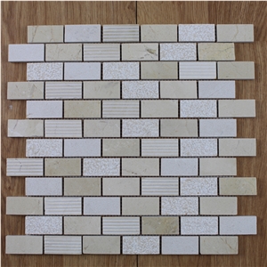 Spanish Crema Marfil Brick Mosaic Tile, Cream Marble Mosaic, Beige Marble Mosaic, Marble Subway Wall Mosaic Tile ,Crema Marfil Pillowed Mesh-Mosaic Marble Tile