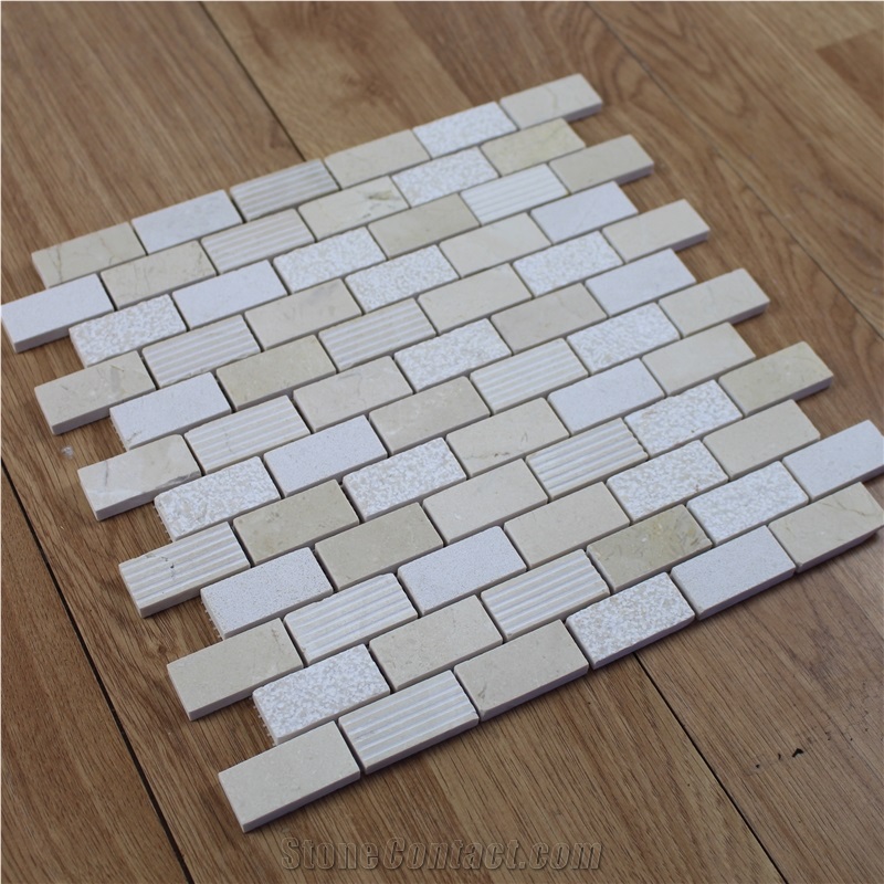 Spanish Crema Marfil Brick Mosaic Tile, Cream Marble Mosaic, Beige Marble Mosaic, Marble Subway Wall Mosaic Tile ,Crema Marfil Pillowed Mesh-Mosaic Marble Tile