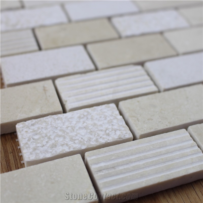 Spanish Crema Marfil Brick Mosaic Tile, Cream Marble Mosaic, Beige Marble Mosaic, Marble Subway Wall Mosaic Tile ,Crema Marfil Pillowed Mesh-Mosaic Marble Tile