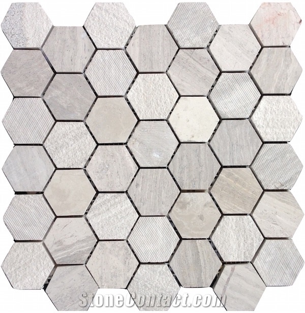 White Oak Silver Cream Marble Hexagon Multi Finish Mosaic,Wood Vein Grey, Athen Wood Vein Marble, Athen Grey, White Oak
