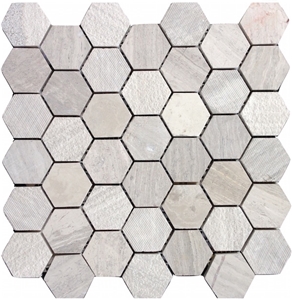 White Oak Silver Cream Marble Hexagon Multi Finish Mosaic,Wood Vein Grey, Athen Wood Vein Marble, Athen Grey, White Oak