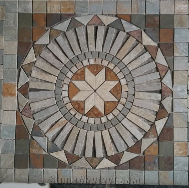 Slate + Granite Mosaic Flat Stones Floor Tiles in Different Pattern