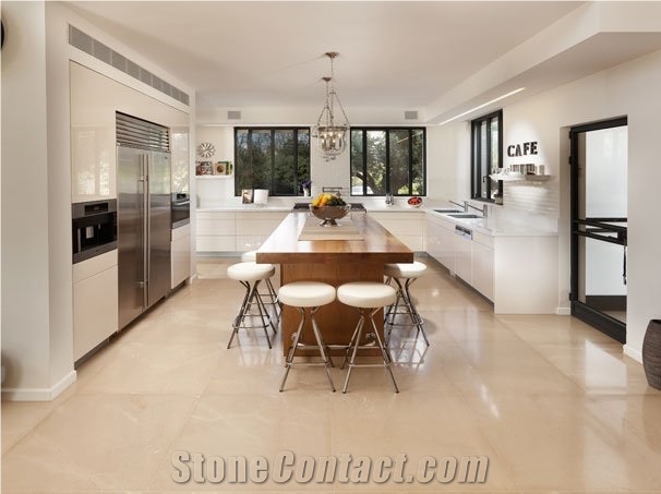 Kitchen Flooring with Crema Marfil Beige Marble