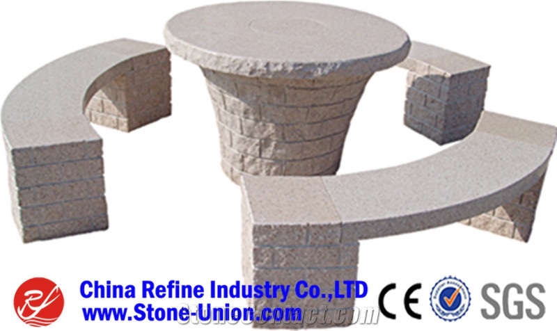 China Beige Granite Stone Table , Garden Stone Table / Benches, Garden Stone Tables and Chairs