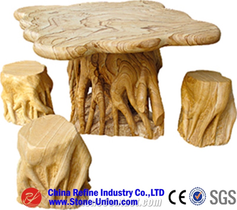 China Yellow Wooden Marble Garden Bench & Table/ Table Sets for Outdoor Decoration