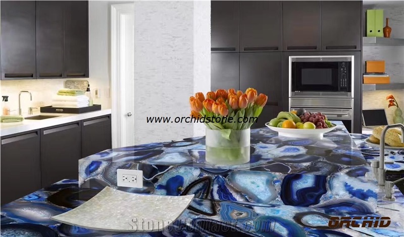 Agate Blue Translucent/Backlit Semi Precious Stone Kitchen Countertops