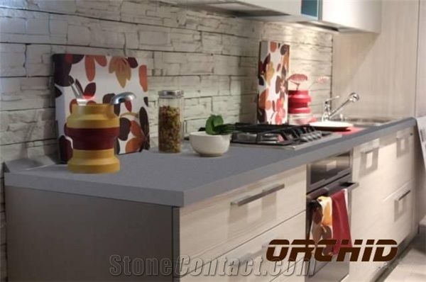 Ash Grey Quartz Stone Kitchen Countertops Pure Grey Solid Surface