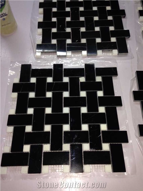 Basketweave/Herringbone/Hexagon Pattern Black Nero Marquina Marble Mosaic Tiles Polished,Honed,Natural Split Surface