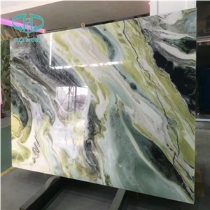 Landscape Painting Ink Jet Green White Marble Slab