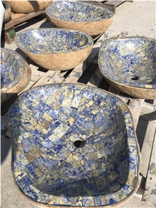 Blue Stone Mosaic Oval Sinks Blue Granite Vessel Sink for Bathroom