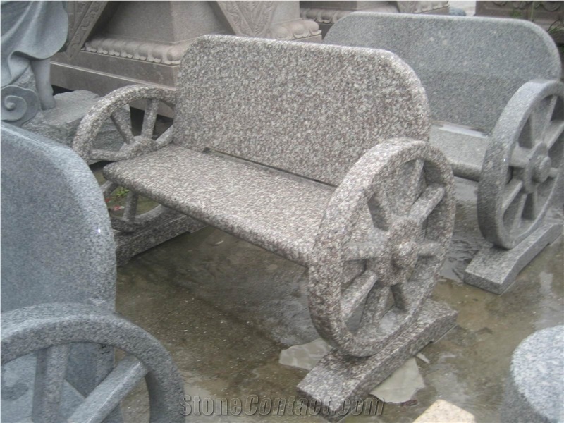 China Pink Granite Wheel Shaped Garden Bench Sculpture