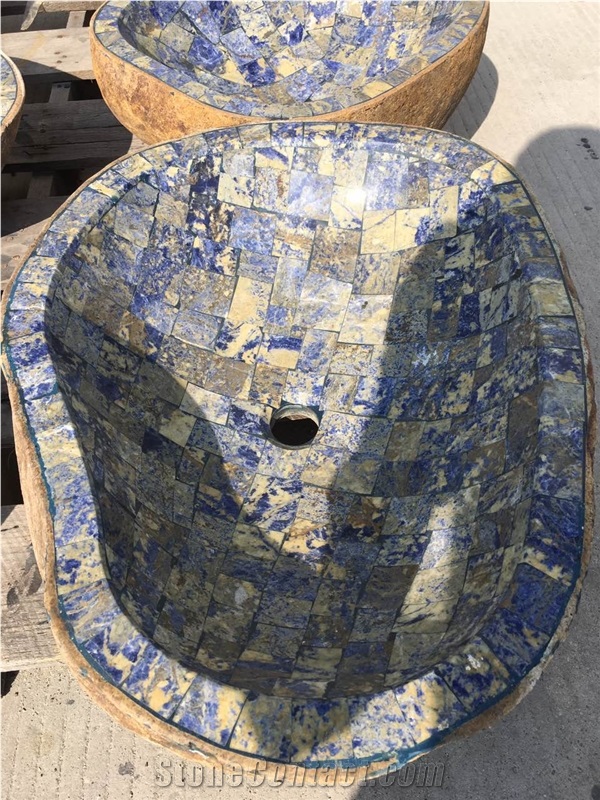 Sodalite Blue Natural Stone Mosaic Sink Blue Granite Vessel Sink for Bathroom