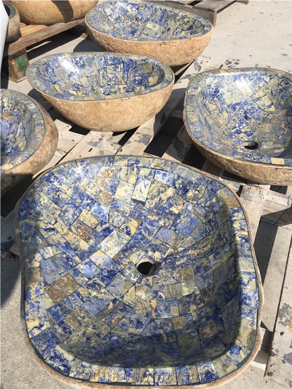 Sodalite Blue Stone Mosaic Sink Blue Granite Solid Surface Basin For Bathroom