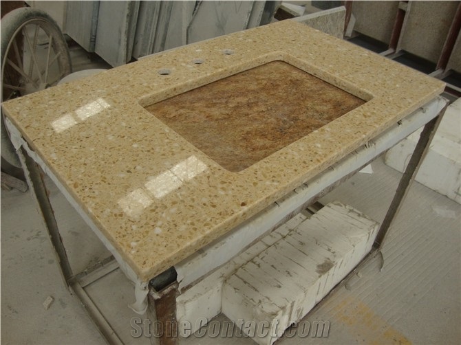 Cheap Beige Engineered Stone Artificial Marble Bathroom Top for Sale