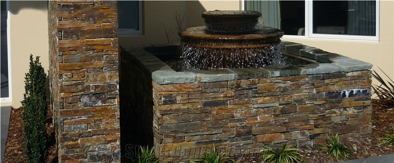 Gold Rush Slate Rough Surface with Cement Culture Stone, Multicolor Slate Rusty Slate Stacked Stone Wall Cladding ,Rough Slate Veneer