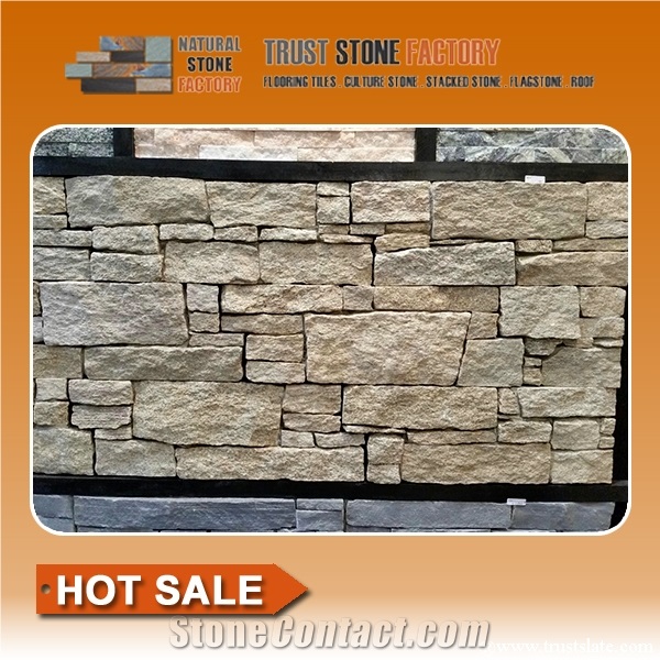 Beige Stacked Stone Retaining Wall,Quartzite Dry Stone Wall