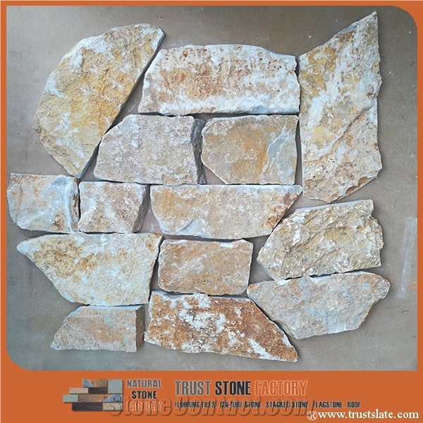 Golden Irregular Flagstones, Desert Flagstone Walkway Pavers, Yellow Flagstone Road Paving, Retaining Wall Stone, Feature Walling Stone, Dry Stone Wall Corner, Fieldstone Wall