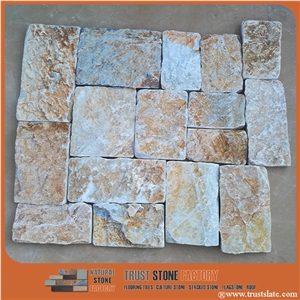 Golden Quarzite Random Shape Flagstones, China Irregular Flagstones, Grey Quartzite Irregular Wall Cladding Pieces, Quartzite Flagstone for Road Paving