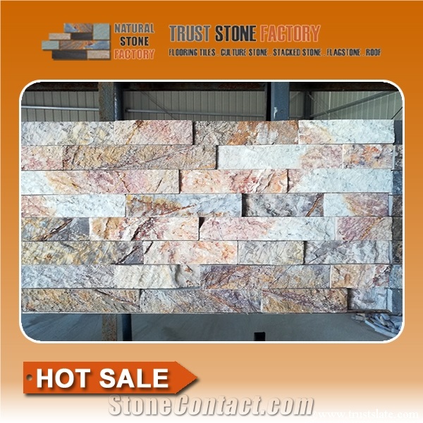 Quartzite Stacked Stone Wall,Multicolor Stacked Stone Veneer,Natural Exteria Stacked Stone