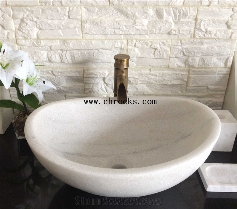 Guangxi White Marble Bathroom Sinks,China White Marble Wash Basins,Carrara White Oval Vessel Sinks