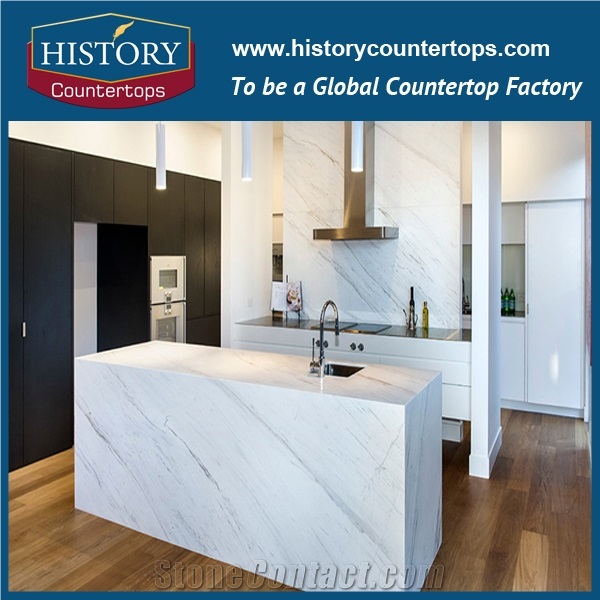 Custom Kitchen Tops Solid Surface for Sales, White Marble Island Tops Polishing with Single or Double Sinks for Hospitality Projects