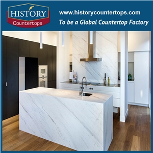 Custom Kitchen Tops Solid Surface for Sales, White Marble Island Tops Polishing with Single or Double Sinks for Hospitality Projects