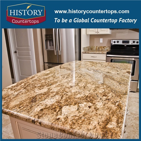 High Quality River Yellow Granite Kitchen Countertops, Island Tops, Benchtops with Customized Edges, Brazil Beautiful Custom Worktops Decoration
