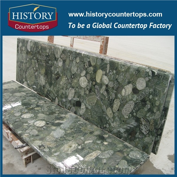 Pebble Green Granite Countertops with Customized Edges for Sales, Engineered Kitchen Island Bench Top Worktops Solid Surface for Multi-Family and Apartment Projeccts