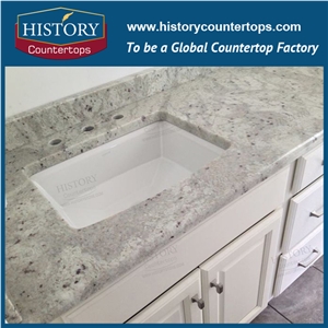 River White Granite Vanity Tops with Single or Double Sinks for Bath Designs, Custom Bathroom Solid Surface Tops Polishing for Hospitality Projects