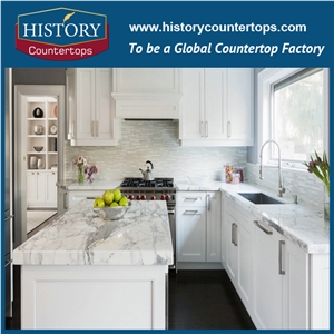 Staturary White Marble Kitchen Island Tops Worktops Bench Tops with Laminatede Bullnose or Customized Edges, Natural Stone Countertops Polished Surface for Multi-Family Projects