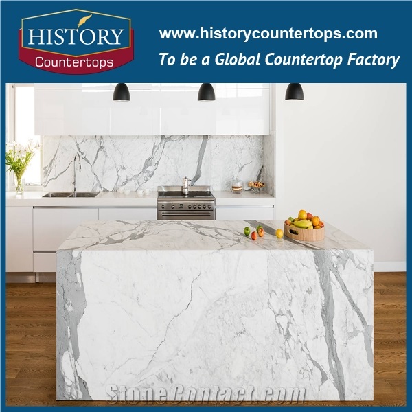 Staturary White Marble Kitchen Island Tops Worktops Bench Tops with Laminatede Bullnose or Customized Edges, Natural Stone Countertops Polished Surface for Multi-Family Projects