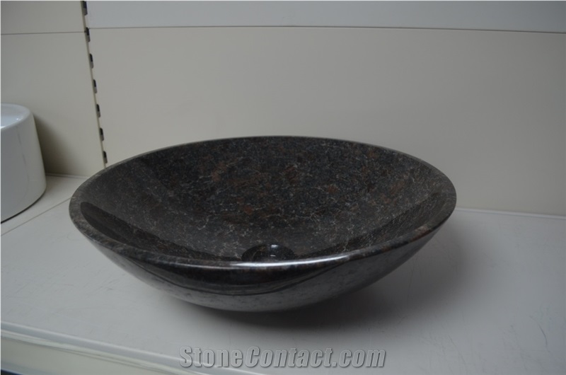 Natural Stone Vessel Kitchen Bathroom Sink, Oval Tan Brown Granite Basin
