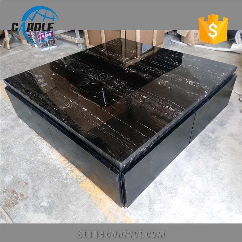 Silver Dragon Marble Square Coffee Table with Black Oak Wooden Base