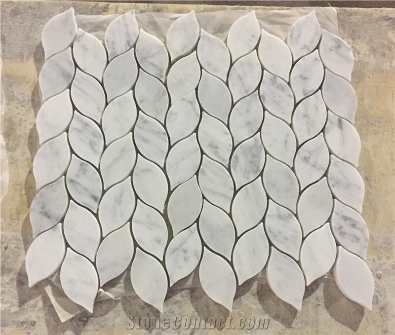 Bianco Carrara Polished Leaf Shaped Pattern Mosaic Tiles, White Marble Mosaic Tile