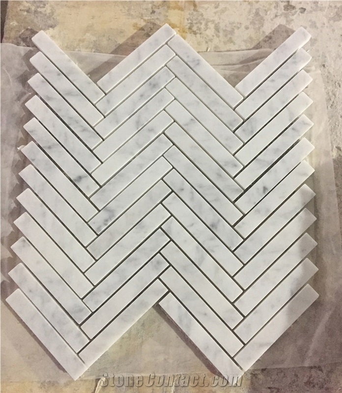 Carrara White 1x4 Chevron Mosaic Tile W/ Lines Polished - Marble from Italy