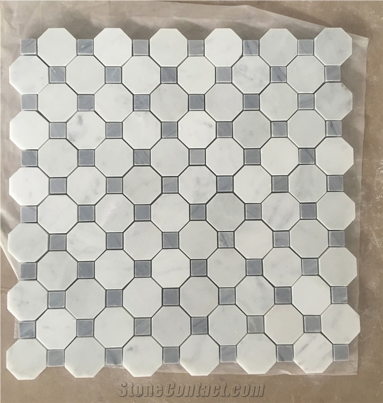 Carrara White 2 Inch Octagon Mosaic Tile W/ Black Dots Honed - Marble from Italy