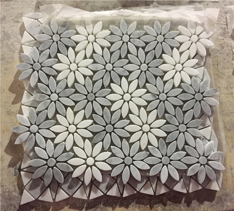 Carrara White Daisy Flower Pattern Mosaic Tile Honed - Marble from Italy