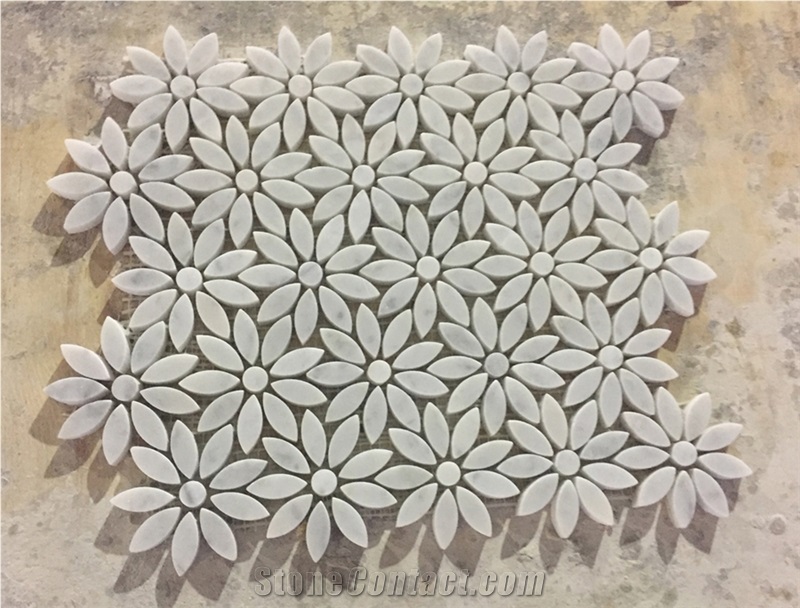 Carrara White Daisy Flower Pattern Mosaic Tile Polished - Marble from Italy