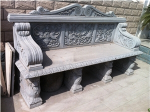 Grey Marble Garden Bench with Hand Carved Sculpture