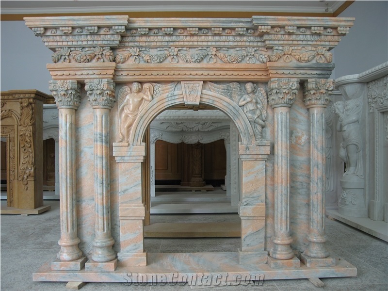 Hand Carved Pink Marble Fireplace Mantel Surround