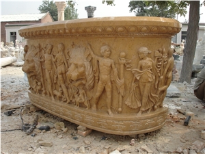 Hand Carved Yellow Limestone Bathtub with Sculptures