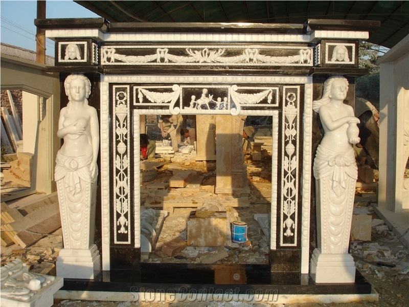 White and Black Mixed Marble Fireplace Mantel with Hand Carved Sculpture