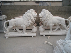 White Marble Lion with Ball Statue Garden Sculpture Custom Made