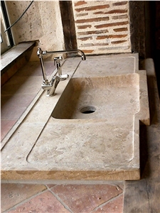 French Beige Limestone Kitchen Countertop with Solid Farm Sink